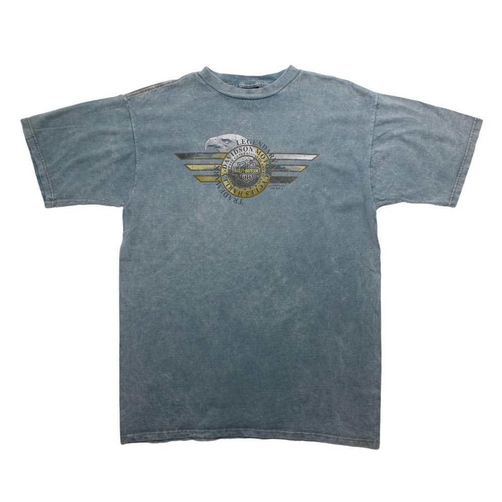 Harley Davidson Vintage 2001 Eagle Blue Acid Wash Crewneck T Shirt Top sz L